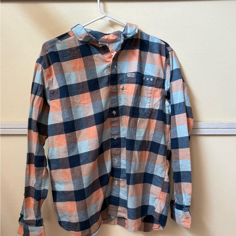 Columbia Men's Casual Plaid Shirt - Blue, Orange, and White